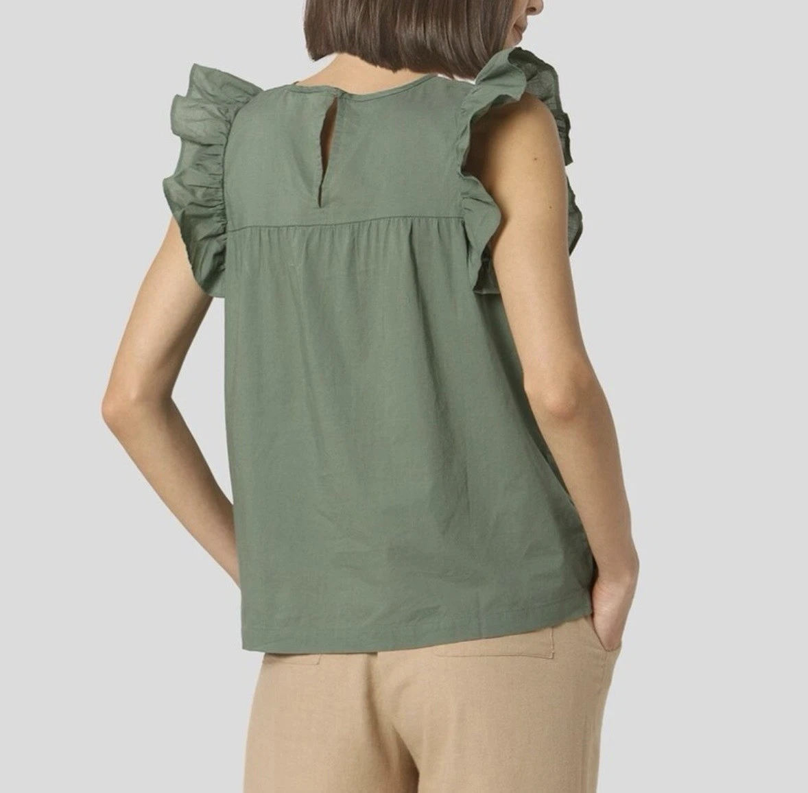 Vero green broderie eyelet lace yoke top flutter ruffle sleeve blouse size L