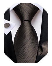 Mens Tie Set Silk Solid Paisley Necktie and Pocket Square Cufflinks Brown