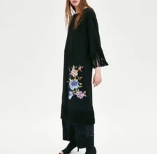 ZARA Trafaluc Dress Size Small Black Embroidered Fringed Midi Tassels Floral New