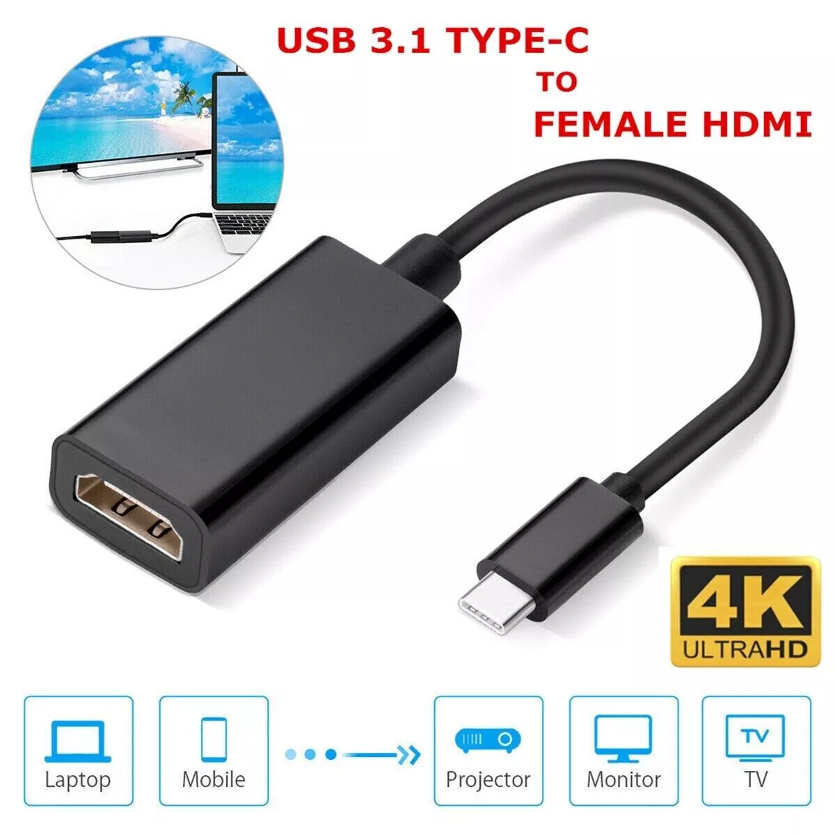 Usb-C Type C To Hdmi Adapter Usb 3.1 Cable for Android Phone Tablet Black  New 