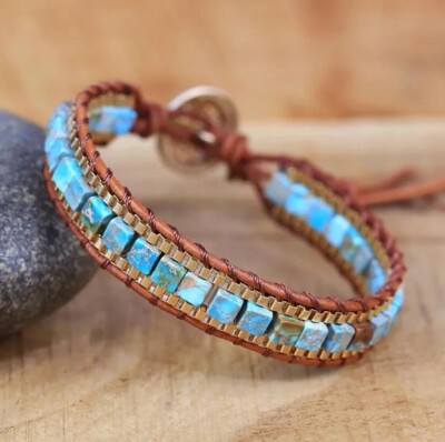 Natural Turquoise Stone Cube Braided Bracelet for Balance Mind Peace Healing