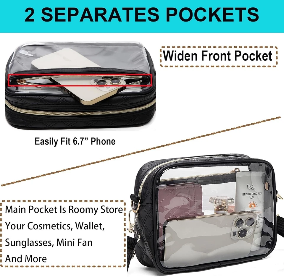 Clear Crossbody Purse Hand Bag-Stadium Approved Concerts-Quilted Trim Adj. Strap - Image 4 of 4