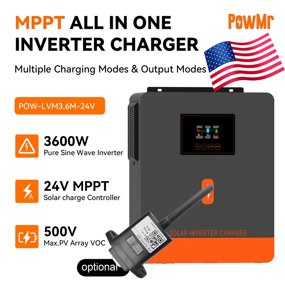 POWMR 3600W 24V Solar Hybrid Inverter Off-Grid 110V 100AMPPT Charge Controller PV 500V