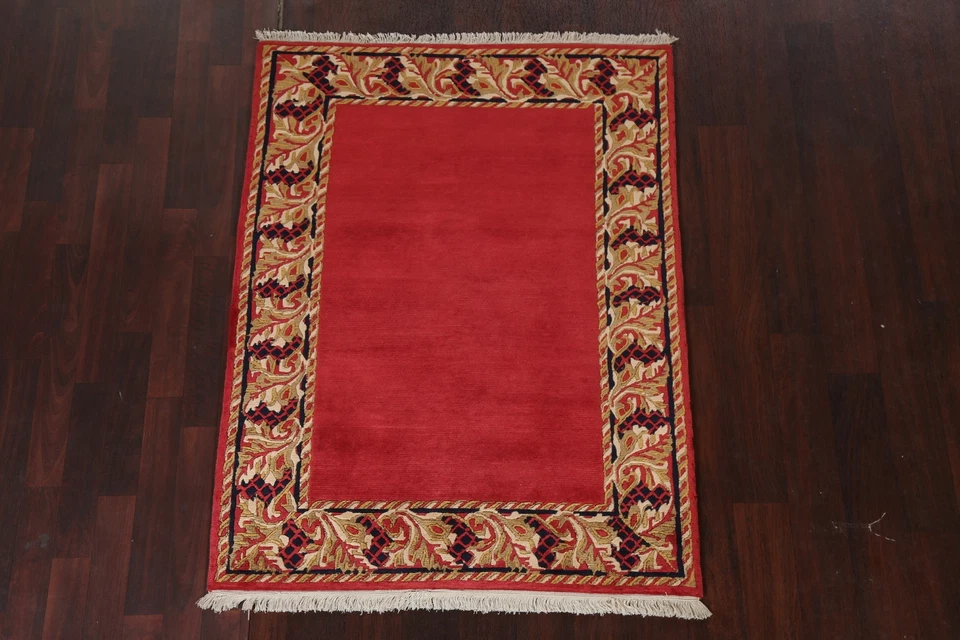 RED Bordered Nepal Tibetan Oriental Area Rug Hand-knotted Kitchen Carpet 4'x5' - Image 2 of 4