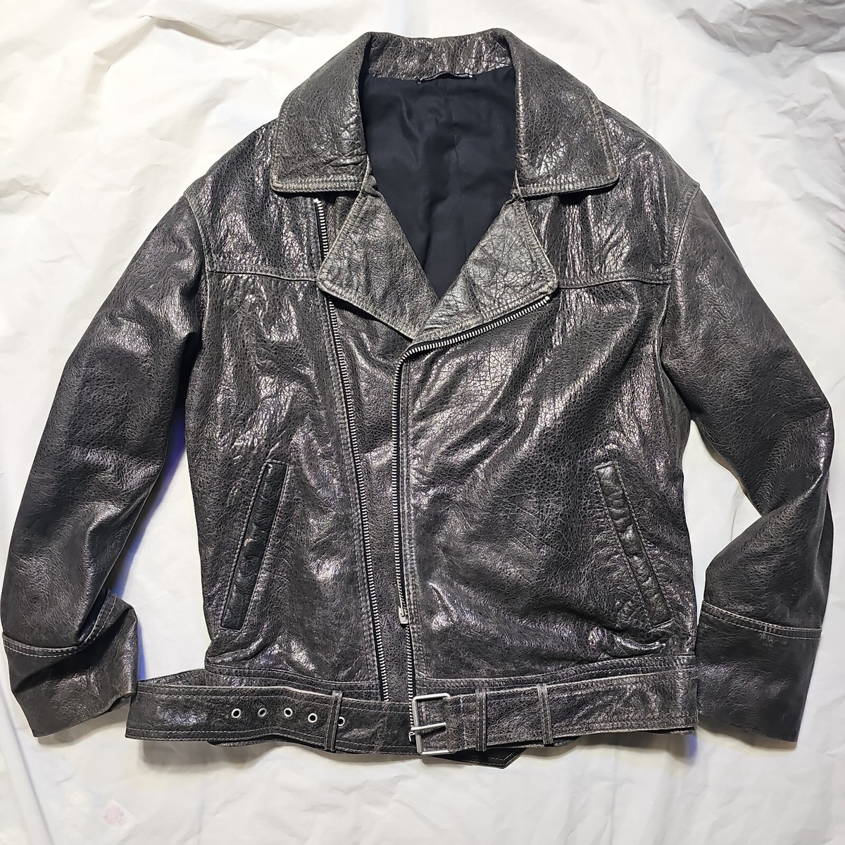 ジャケット・アウター used wrinkle single biker jacket NEW ZARA LEATHER GRAY DISTRESSED OVERSIZED BIKER MOTO