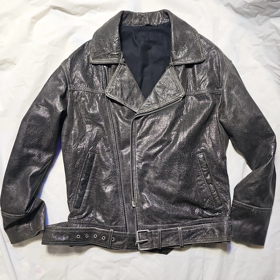 CHAQUETA DE MOTOCICLISTA DE GRAN TAMAÑO GRIS ENVEJECIDA DE CUERO ZARA NUEVA
