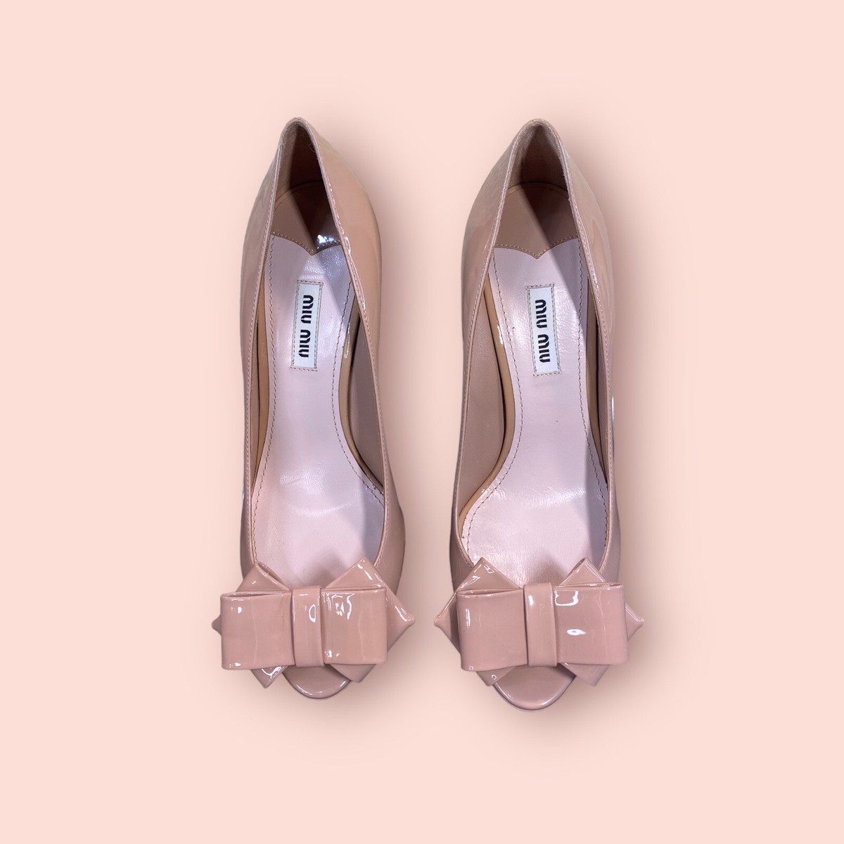 MIU MIU Patent Leather Bow Peep Toe Platform Pumps EU38.5