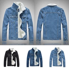Men's Fleece Lined Winter Warm Fur Collar Coat Trucker Denim Jean Jacket Outwear