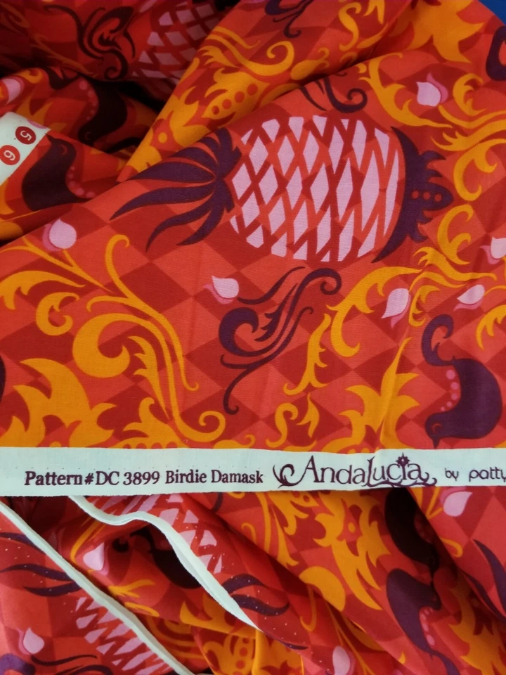 Birdie Damask Fabric Orange Pink Andalucia Patty Young Michael Miller 2 2/3 Yds - Image 3 of 4