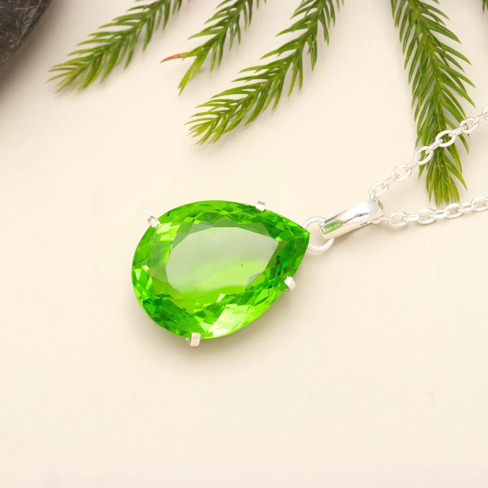 Colgante de cuarzo peridoto natural en forma de pera de plata maciza 925 colgante para ella Foto 3 de 4