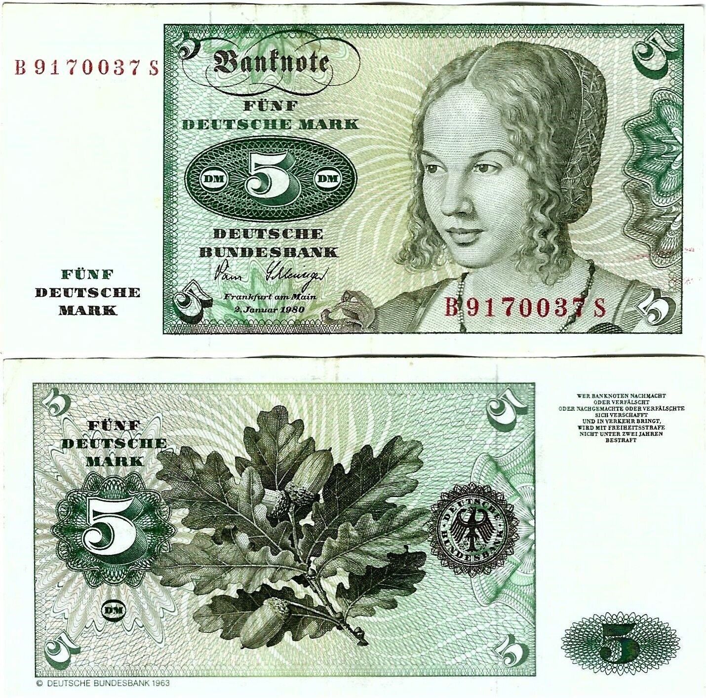 Banknot FRG 5 Deutsche Mark 1980 Series: B/S BRD-29a Ro.285a P-30b(1) RARE