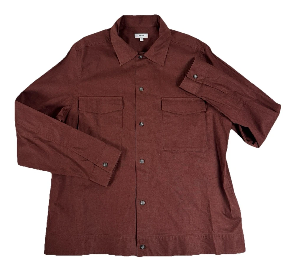 Sobrecamisa Reiss Kimchi Doble Bolsillo Para Hombre XXL Siena Rojo Óxido Mezcla de Lino Foto 4 de 4