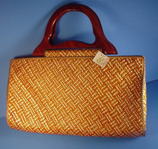 Bamboo 54 Orange Woven Purse Hand Bag Tote Wood Handles New Old Stock MWT
