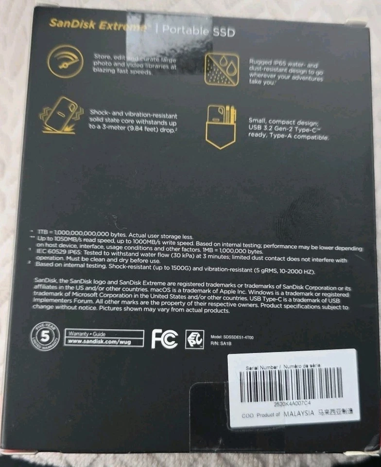SanDisk 4TB Extreme Portable External SSD SDSSDE51-4T00-AW25***BRAND NEW*** - Image 2 of 2