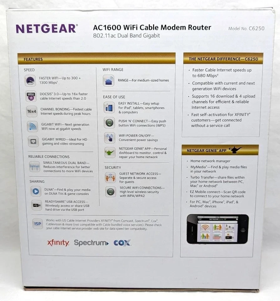 NETGEAR AC1600 WiFi Cable Modem Router C6250 - Black - Used, Complete In Box - Image 2 of 4