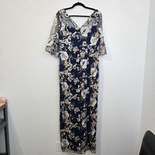 Adrianna Papell Navy Blue Floral Embroidered Column Gown Mesh Maxi Dress Size 12