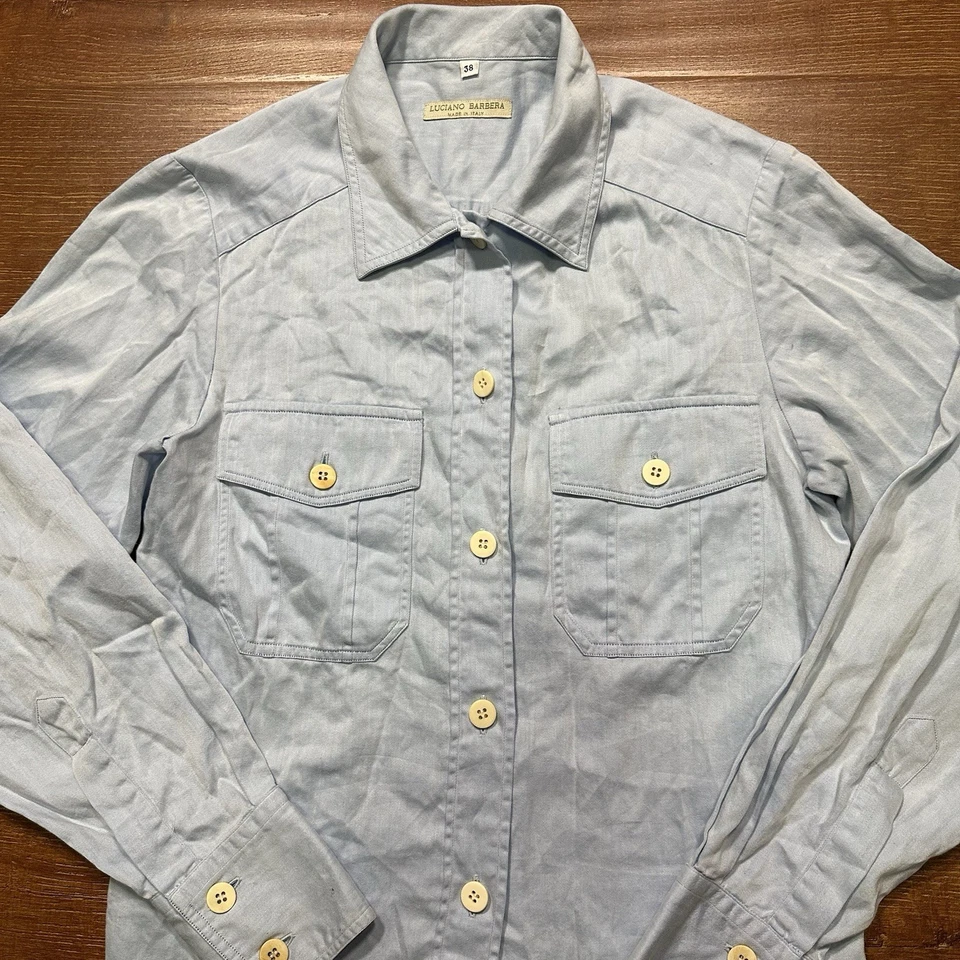 Top con botones Luciano Barbera para mujer S camisa azul manga larga clásico utilitario Foto 3 de 4