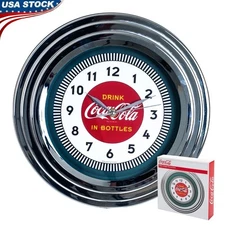 Coca-Cola Retro Neon Wall Clock Chrome Finish 1930s Classic Design Dual Power US