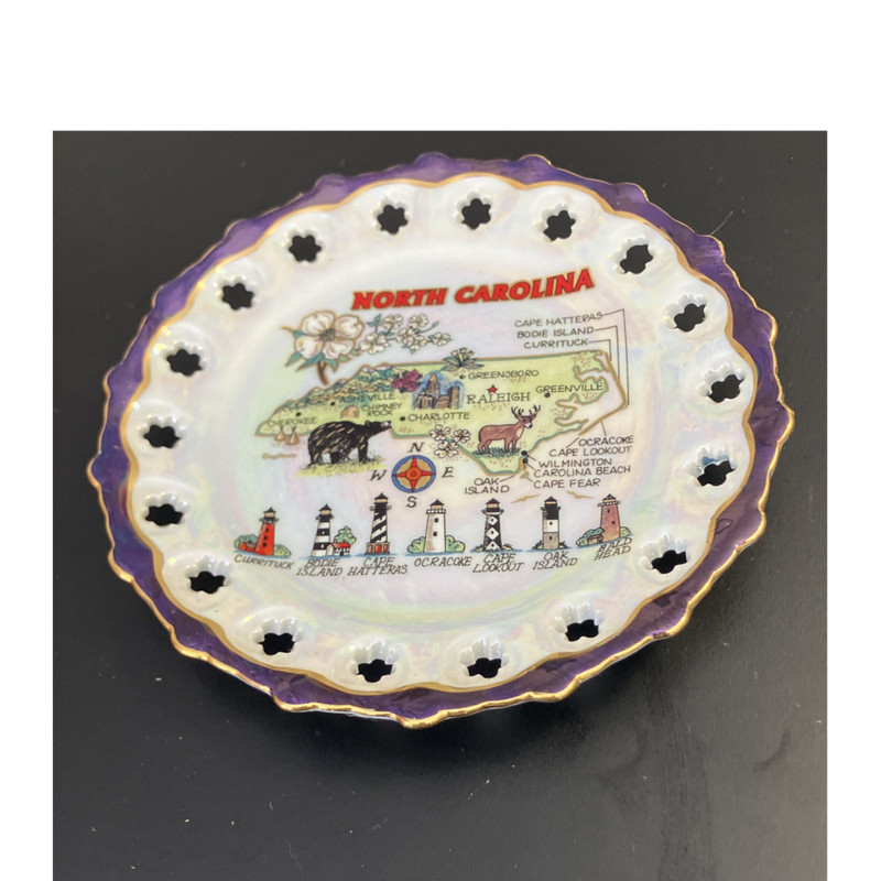 North Carolina Souvenir Decorative Plate Porcelain with Landmarks Map
