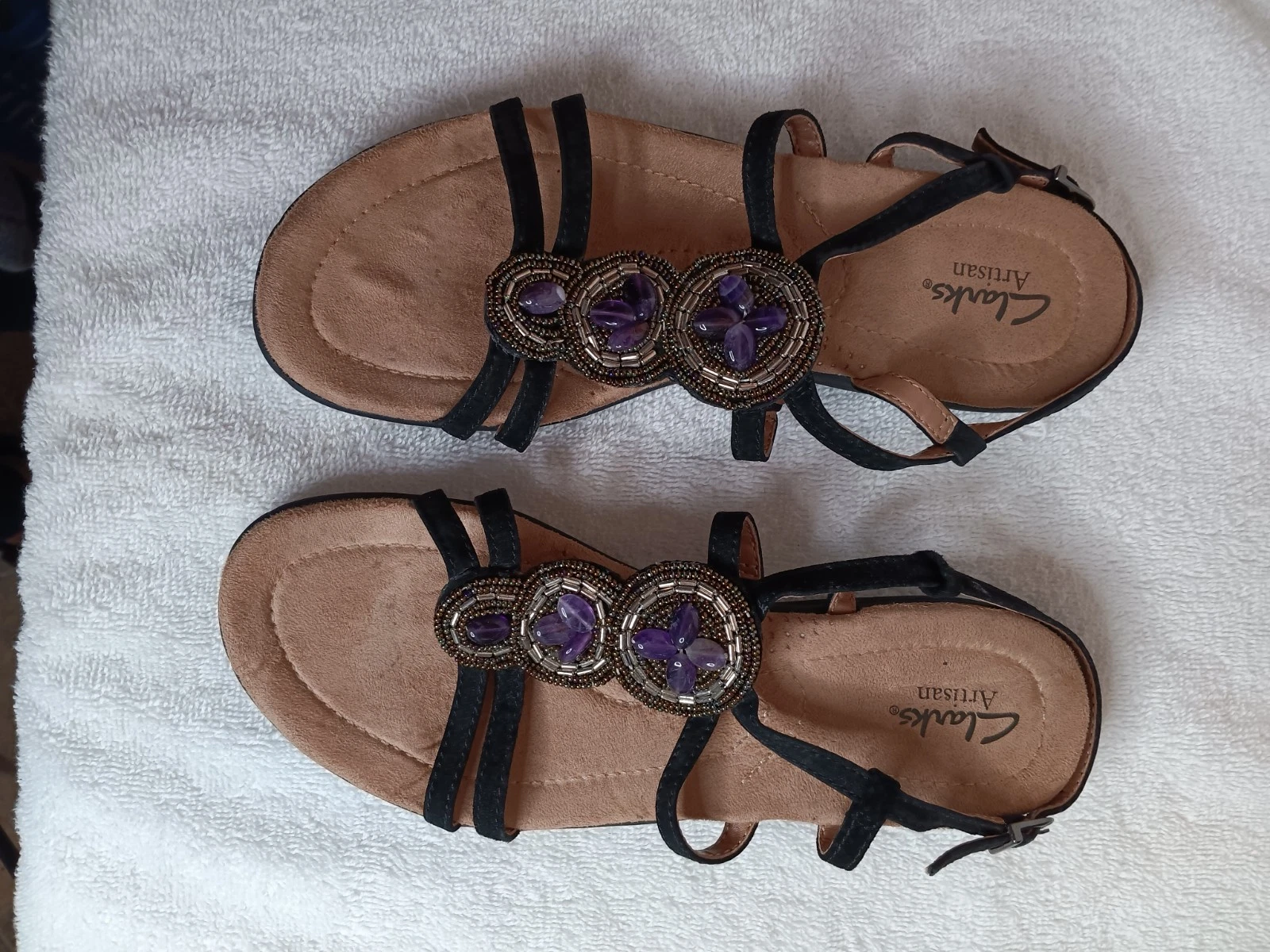 Clarks Artisan scarpe donna sandali 7M piatti pelle cinturino slingback perline boho