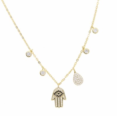 ZARD Hamsa Hand CZ Dangle Charm Choker Necklace in 14 K Gold Plated