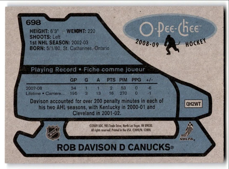 2008-09 O-Pee-Chee '79-80 Retro Rob Davison #698 Vancouver Canucks - Image 2 of 2