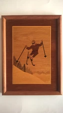 Nelson Artist Downhill Snow Skier Framed Winter Art 10x13 Marquetry Inlaid Wood