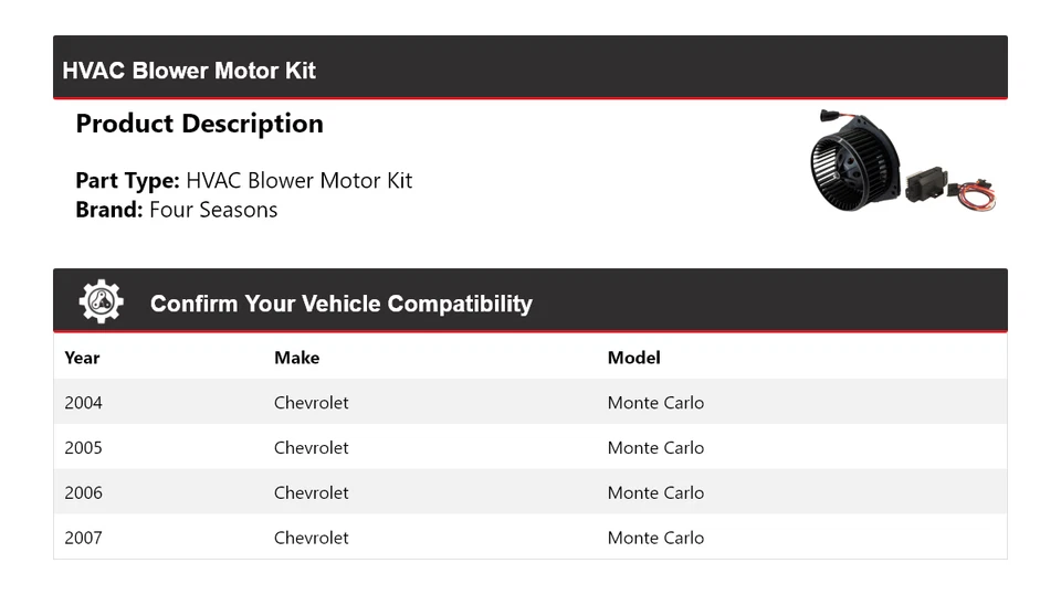 Комплект двигателя вентилятора для Chevrolet Monte Carlo 2004-2007 годов выпуска 4 сезона 2005 2006 - Изображение 2 из 3