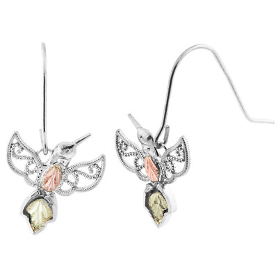 Black Hills Gold and Silver .925 hummingbird shepherd hook earrings 12k leaves
