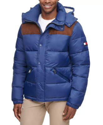 Tommy Hilfiger Men's Mixed Media Nylon and Corduroy Quilted Puffer Jacket Blue S