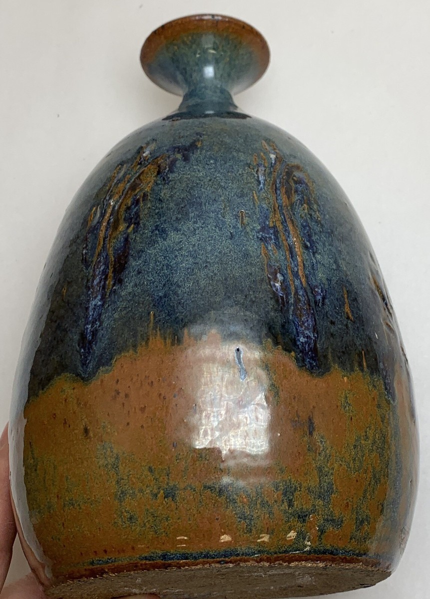 CL Signed Vtg 1976 Stoneware Studio Pottery Blue Brown Drip CL Signed Vtg 1976 Stoneware Studio Pottery Blue Brown Drip