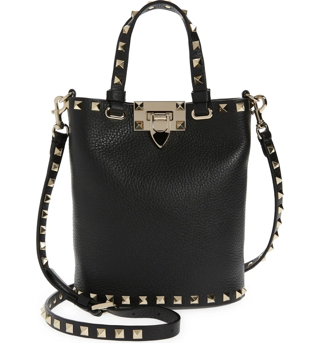 VALENTINO GARAVANI Mini Rockstud Leather Bucket Tote Black Leather