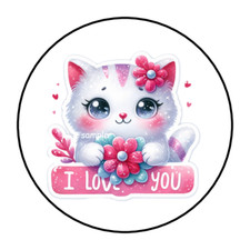 30 I LOVE YOU KITTEN ENVELOPE SEALS STICKERS LABELS TAGS 1.5" ROUND VALENTINE'S