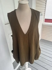 Chinese Lagenlook Brown V-Neck Sleeveless Sweater Vest XL Oversized Cotton Comfy