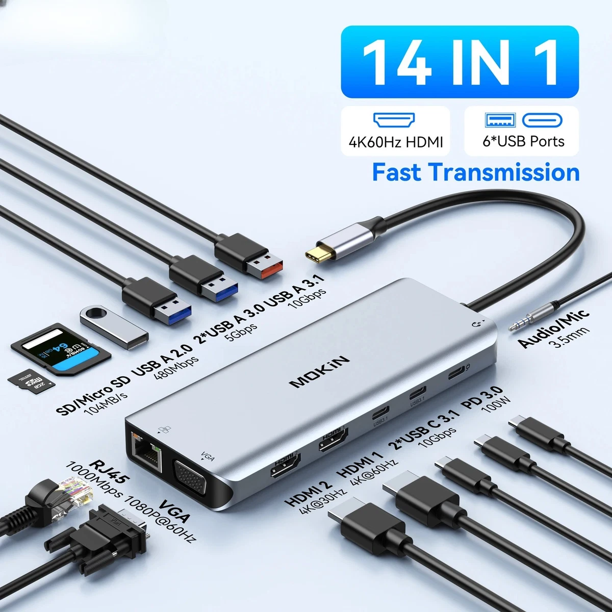Hub Multiporta Da Type-C A USB-C, USB 3.0 E 2.0 Con Ricarica Rapida PD