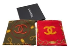 Auth Chanel Silk Square Scarf Set 2pc Red Gold Khaki Chain Rose Wbox V060528