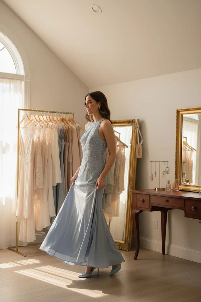 Light Blue Lace Gown – Size 6  High Neckline, Zip Closure, Elegant Formalwear - Image 2 of 4