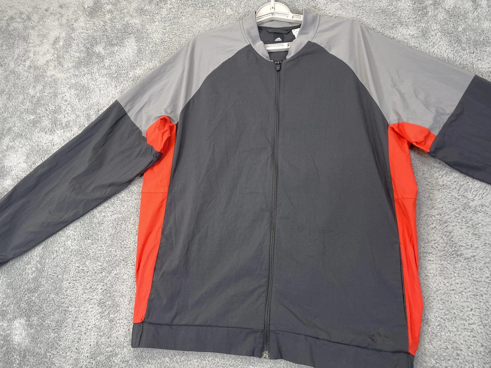 Adidas Jacket Mens Large Gray Red Full Zip Windbreaker Nylon Lightweight Pockets