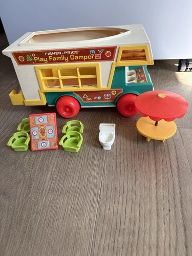 Vintage Fisher Price Play Family Camper RV w Table Chairs Umbrella Toilet