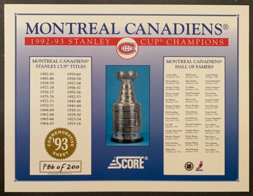 1992-93 Score Canadiens de Montréal Coupe Stanley feuille promotionnelle/commémorative 8 1/2x11 - Photo 1 sur 2