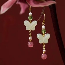 Vintage Classic Green Jade Butterfly Drop Dangle Earrings