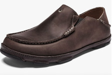 OLUKAI Moloa Men's Leather Wood/Dark Java Slip On Shoes 10128-6348
