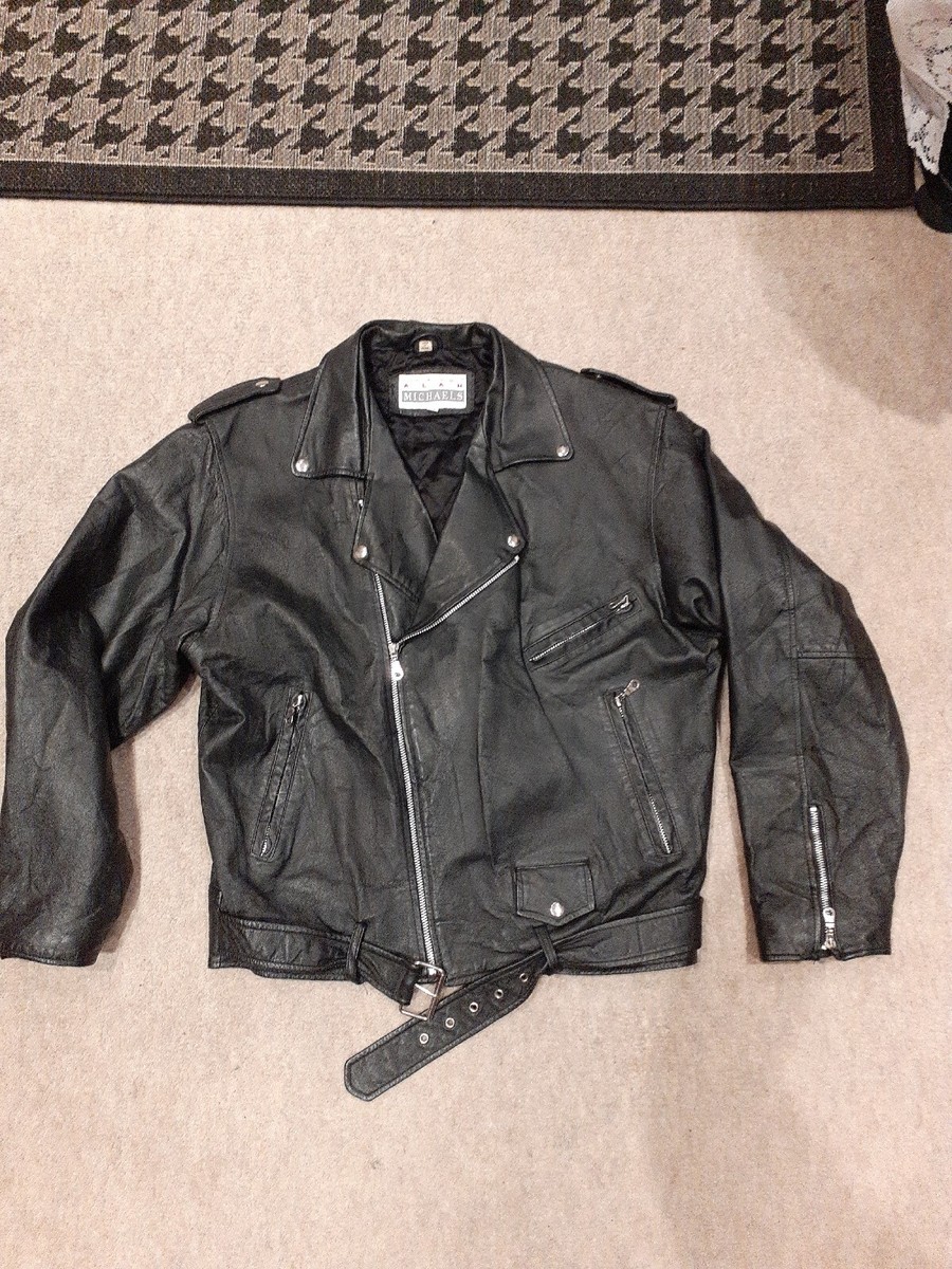 Mens ALAN MICHAELS Real Genuine Leather Black Biker Jacket. SIZE M