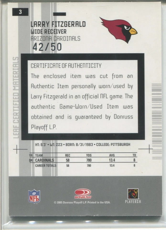 2005 Leaf Certified Materials Larry Fitzgerald Mirror Blue Jersey Card /50 - Image 2 of 2