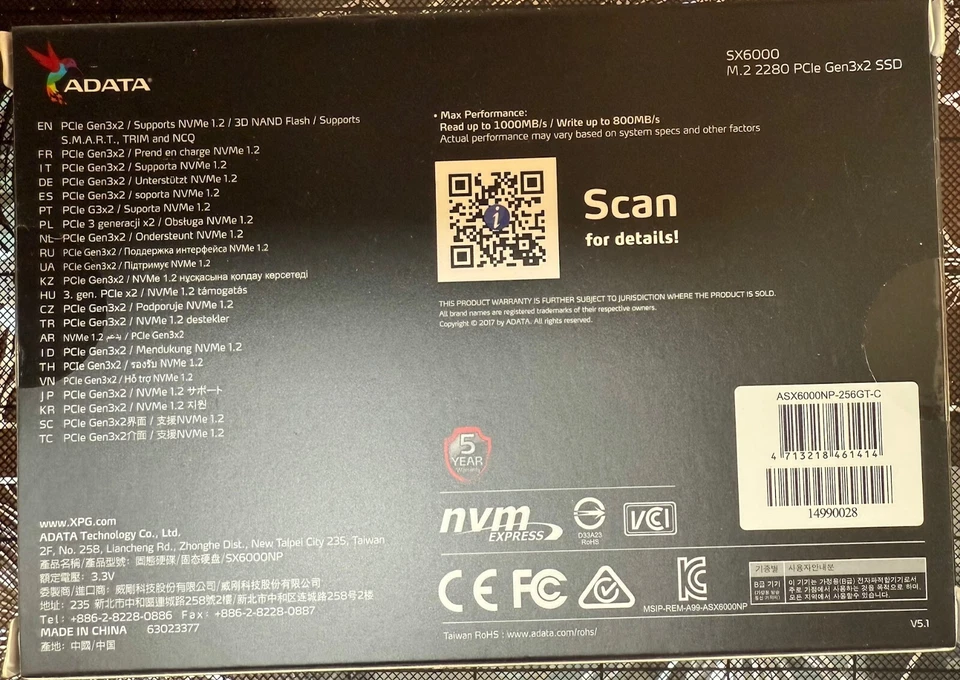 ADATA XPG SX6000 256GB M.2 2280 PCIe Gen3x2 SSD NVMe 1.2 ASX6000NP-256GT-C NEW - Image 2 of 2