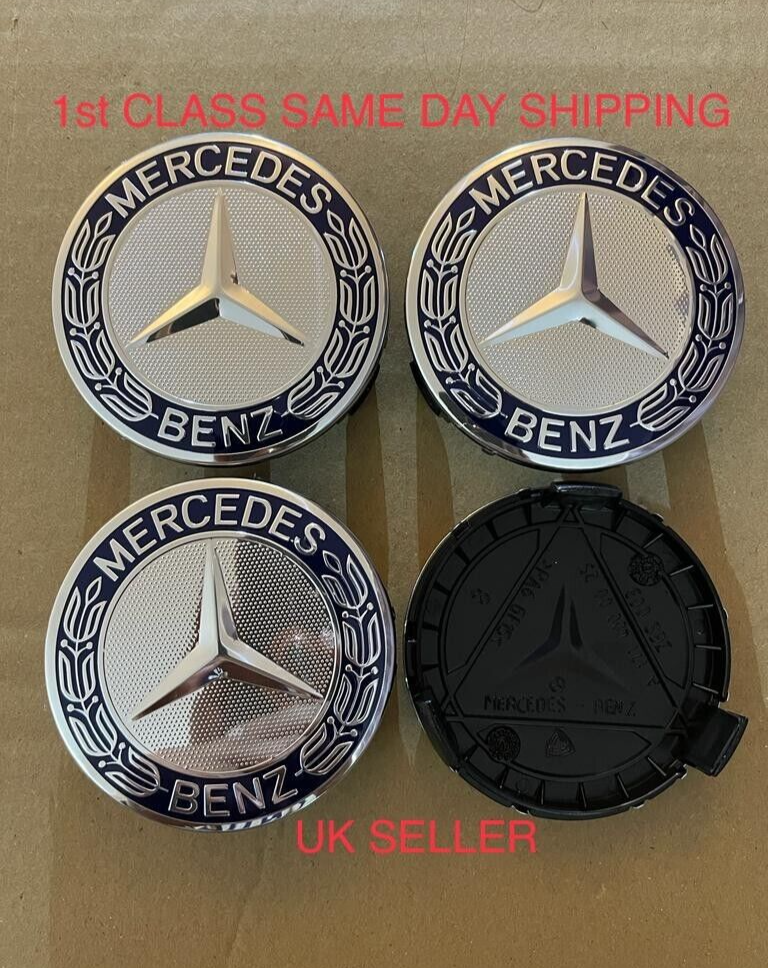 4X Blue Mercedes Wheel Centre Hub Caps AMG A B C E S M Class ML CLA GLA ...