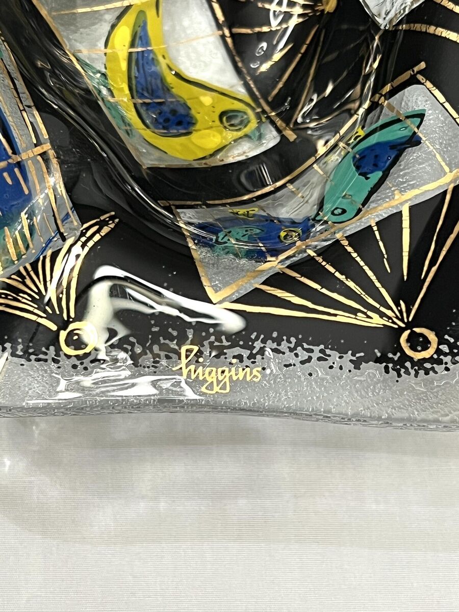 人気ブランドバ40代 Mid Century Modern Higgins Fused Art Glass Ashtray Birds in 工芸ガラス