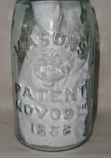 Antique Mason&rsquo;s CFJ Canning Jar ~ Quart Aqua ~ Pat 1858 ~ Zinc Lid ~ E 214
