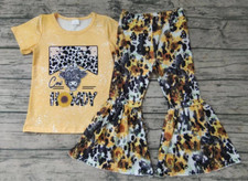 Toddler: Girls Western Howdy Yellow Cow Bell Pants Outfits