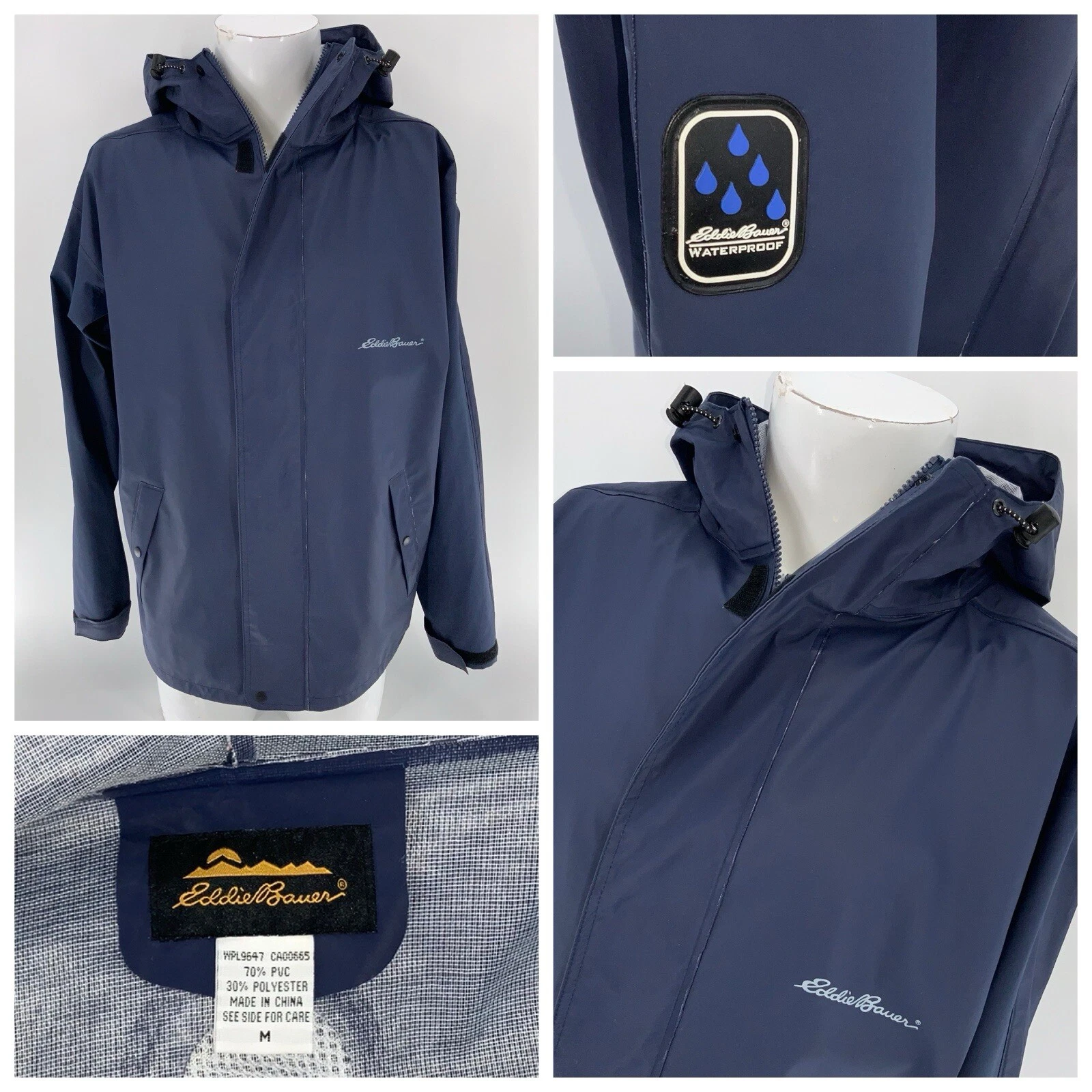 Eddie Bauer Hooded Waterproof Jacket M Men Navy Full Zip Windbreaker YGI V4-168